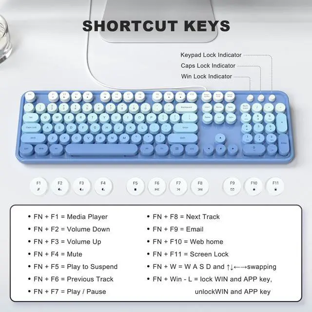 Alt view image 3 of 7 - MOWUX Computer Keyboard Wired, Plug and Play USB Retro Round Typewriter Keyboard, Full Size Wired Keyboard with Foldable Stands for Laptop and Office PC- Blue Gradient