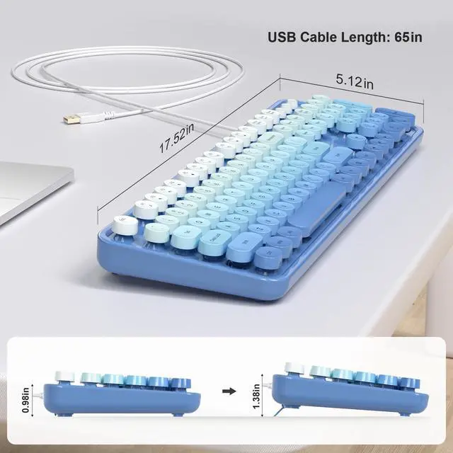 Alt view image 6 of 7 - MOWUX Computer Keyboard Wired, Plug and Play USB Retro Round Typewriter Keyboard, Full Size Wired Keyboard with Foldable Stands for Laptop and Office PC- Blue Gradient