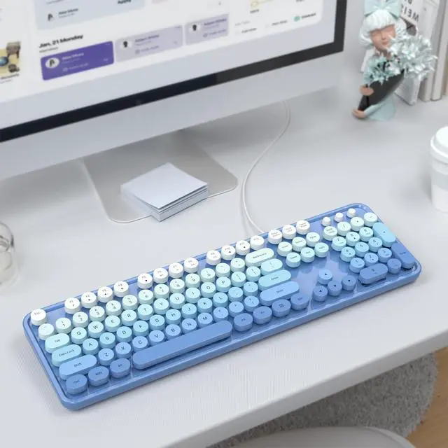 Alt view image 7 of 7 - MOWUX Computer Keyboard Wired, Plug and Play USB Retro Round Typewriter Keyboard, Full Size Wired Keyboard with Foldable Stands for Laptop and Office PC- Blue Gradient