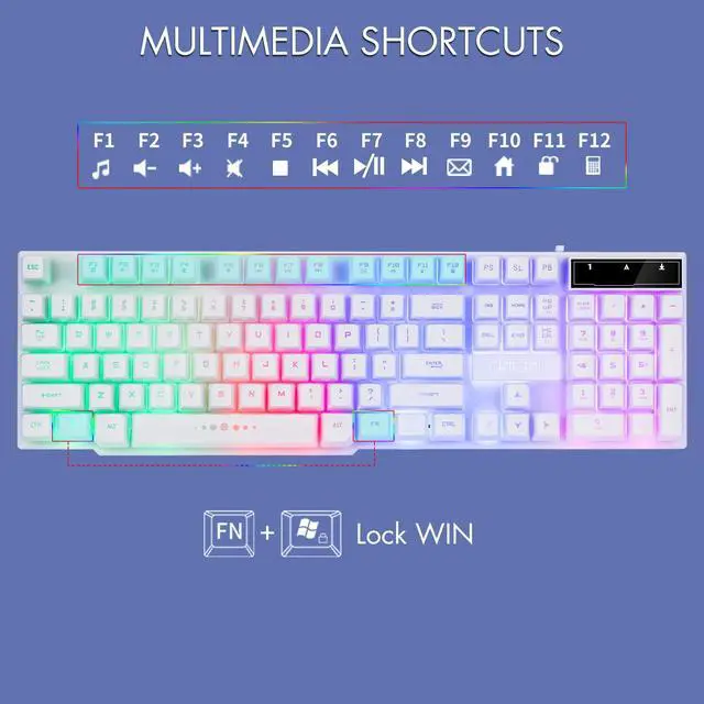 Alt view image 2 of 7 - Gaming Keyboard and Mouse Wired CHOCNHOW White Keyboard Rainbow Backlit,Light Up Keys, Multimedia Keys, Waterproof Compatible with PC Laptop Xbox Ps4/Ps5 Work/Gamer