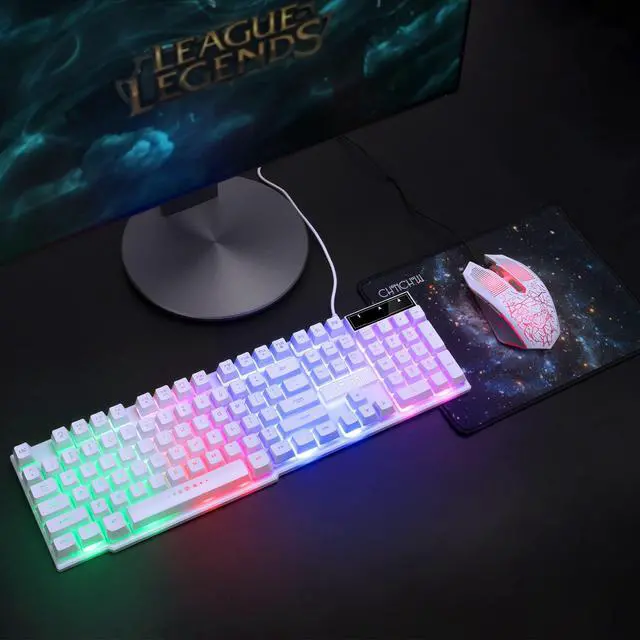 Alt view image 5 of 7 - Gaming Keyboard and Mouse Wired CHOCNHOW White Keyboard Rainbow Backlit,Light Up Keys, Multimedia Keys, Waterproof Compatible with PC Laptop Xbox Ps4/Ps5 Work/Gamer