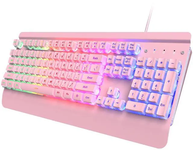 Main image of Dacoity Pink Creamy Keyboard, 104 Keys All-Metal Panel, Rainbow LED Backlit Silent Gaming Keyboard, Wrist Rest, PBT Keycap, Anti-ghosting Keys, Light Up USB Wired Computer Keyboard for PC