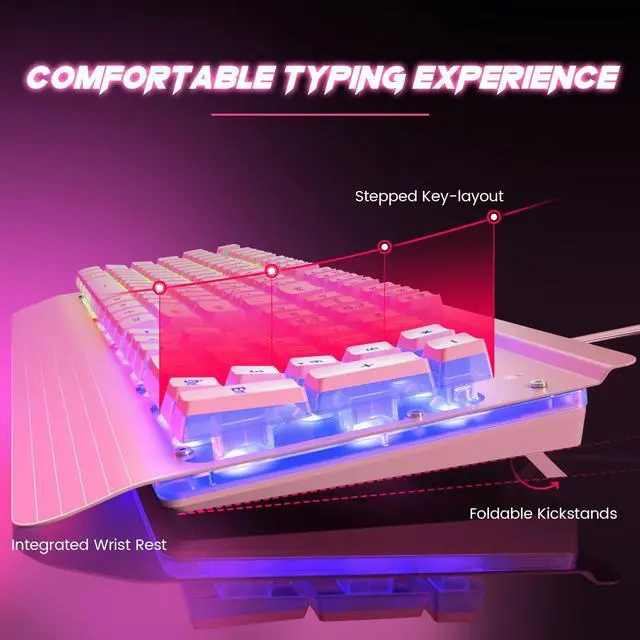 Alt view image 4 of 7 - Dacoity Pink Creamy Keyboard, 104 Keys All-Metal Panel, Rainbow LED Backlit Silent Gaming Keyboard, Wrist Rest, PBT Keycap, Anti-ghosting Keys, Light Up USB Wired Computer Keyboard for PC