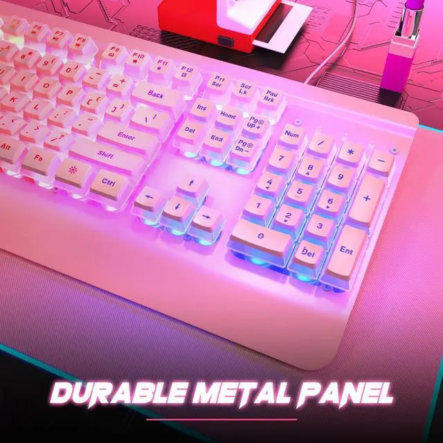 Alt view image 6 of 7 - Dacoity Pink Creamy Keyboard, 104 Keys All-Metal Panel, Rainbow LED Backlit Silent Gaming Keyboard, Wrist Rest, PBT Keycap, Anti-ghosting Keys, Light Up USB Wired Computer Keyboard for PC