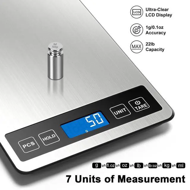 Alt view image 2 of 7 - Fuzion Food Scale, 1g/0.1oz Digital Kitchen Scale - 22lb, 7 Units, Tare & PCS, Rechargeable Power, Tempered Glass & Stainless Steel - Food Weight Scale Grams and Ounces for Cooking, Baking