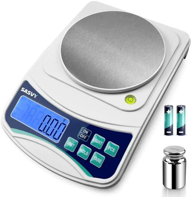 Main image of SASVY Digital Lab Scale 1000g x 0.01g oz/g/ct/DWT/tl/gn/ozt Precision Electronic Scientific Scale Analytical Balance for Laboratory Jewelry Kitchen, Includes 100g Weight and 2 x AAA Batteries
