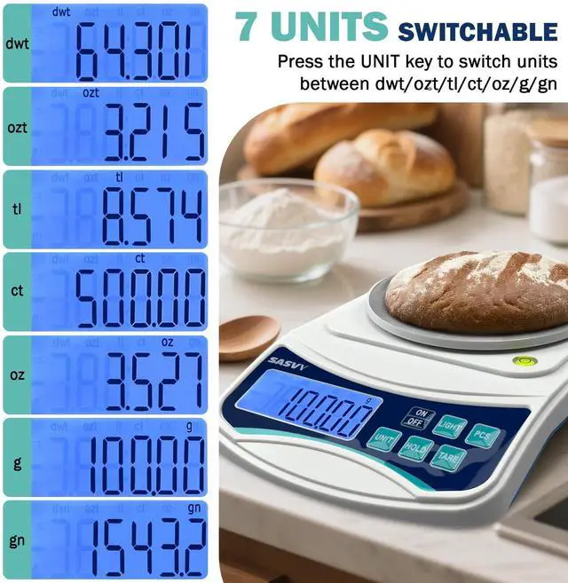 Alt view image 3 of 7 - SASVY Digital Lab Scale 1000g x 0.01g oz/g/ct/DWT/tl/gn/ozt Precision Electronic Scientific Scale Analytical Balance for Laboratory Jewelry Kitchen, Includes 100g Weight and 2 x AAA Batteries