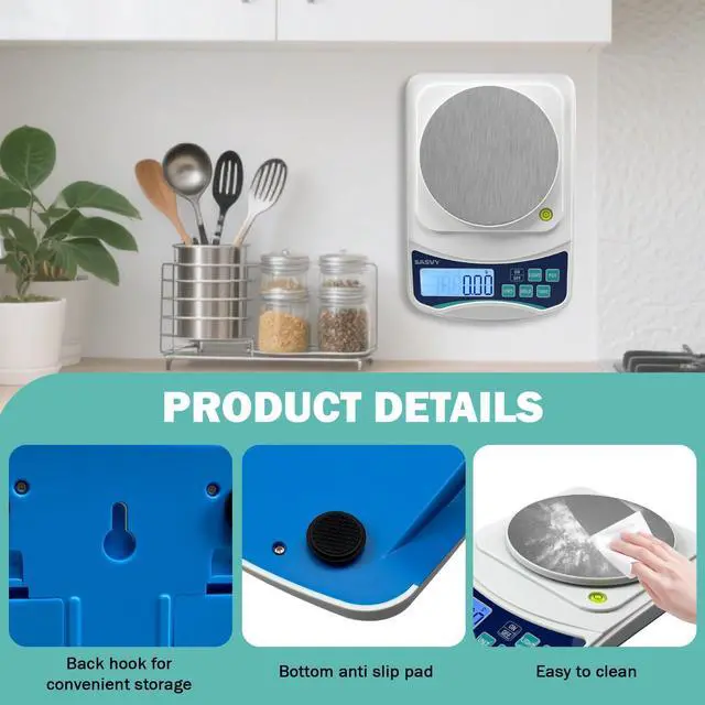 Alt view image 7 of 7 - SASVY Digital Lab Scale 1000g x 0.01g oz/g/ct/DWT/tl/gn/ozt Precision Electronic Scientific Scale Analytical Balance for Laboratory Jewelry Kitchen, Includes 100g Weight and 2 x AAA Batteries