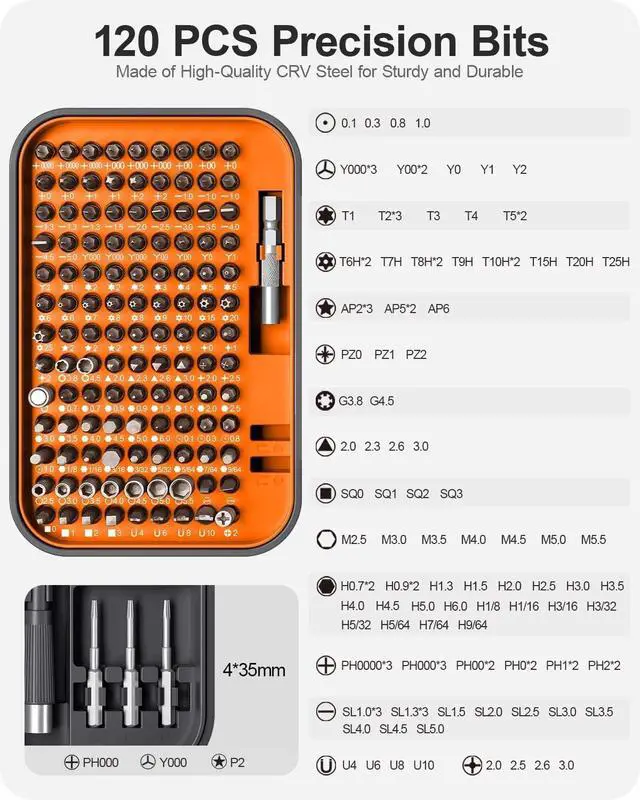Alt view image 6 of 7 - RARTOP Precision Screwdriver Set, 130 in 1 with 120 bits Repair Tool Kit, Magnetic Screwdriver Set with mini built-in box for Electronics iPhone Jewelers Game Console (130-IN-Orange)