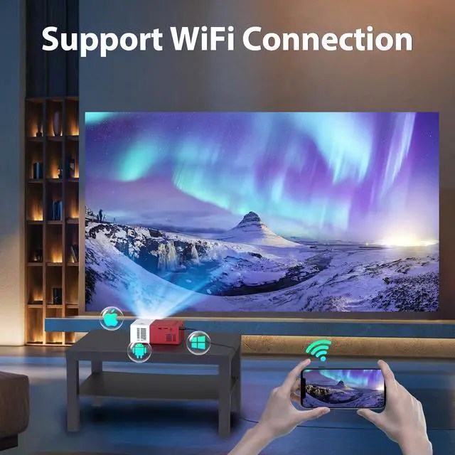 Alt view image 2 of 7 - Projector with WiFi and Bluetooth, Mini Portable Projector 1080P HD 170" Movie Projector, Outdoor Projector Compatible with Phone/ Tablet/ Laptop/ TV Stick/ PS4/ HDMI Red (Red)