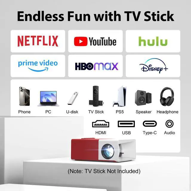 Alt view image 5 of 7 - Projector with WiFi and Bluetooth, Mini Portable Projector 1080P HD 170" Movie Projector, Outdoor Projector Compatible with Phone/ Tablet/ Laptop/ TV Stick/ PS4/ HDMI Red (Red)