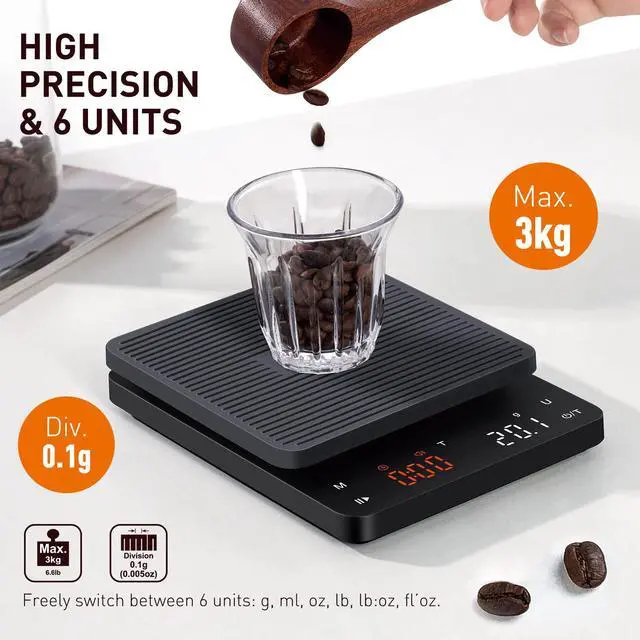 Alt view image 3 of 7 - BAGAIL BASICS Coffee Scale with Timer, 0.1g High Precision Kitchen Scale, Pour Over Coffee Scale, Drip Espresso Scale with Auto Tare, Touch Sensor and Silicone Cover - 6.6 lbs/3 kg
