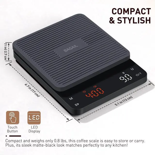 Alt view image 5 of 7 - BAGAIL BASICS Coffee Scale with Timer, 0.1g High Precision Kitchen Scale, Pour Over Coffee Scale, Drip Espresso Scale with Auto Tare, Touch Sensor and Silicone Cover - 6.6 lbs/3 kg
