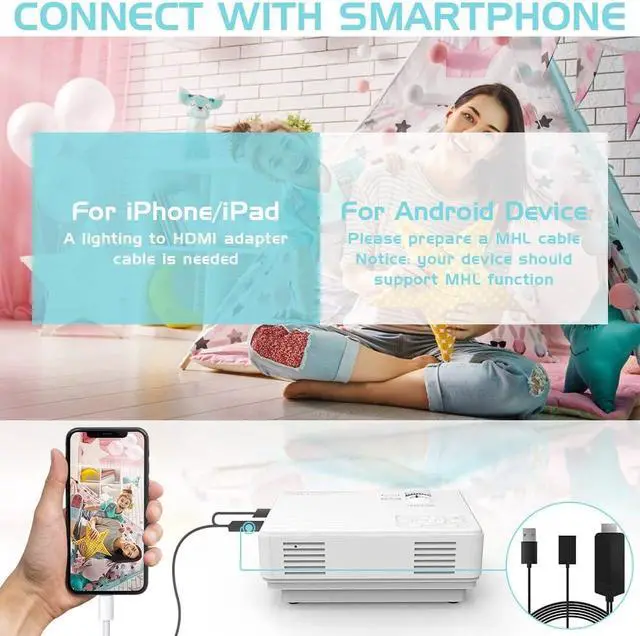 Alt view image 4 of 7 - Mini Video Projector, 1080P Supported, Portable Outdoor Movie Projector, 176" Display Compatible with TV Stick, HDMI, USB, VGA, AV for Home Entertainment