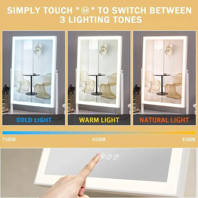 Alt view image 2 of 7 - FENCHILIN Vanity Mirror with Lights 16.14" x 11.81",Lighted Makeup Mirror and Hollywood Mirror with Smart Touch Control 3 Colors Dimmable LED Light, 360°Rotation 10X Magnification(White)