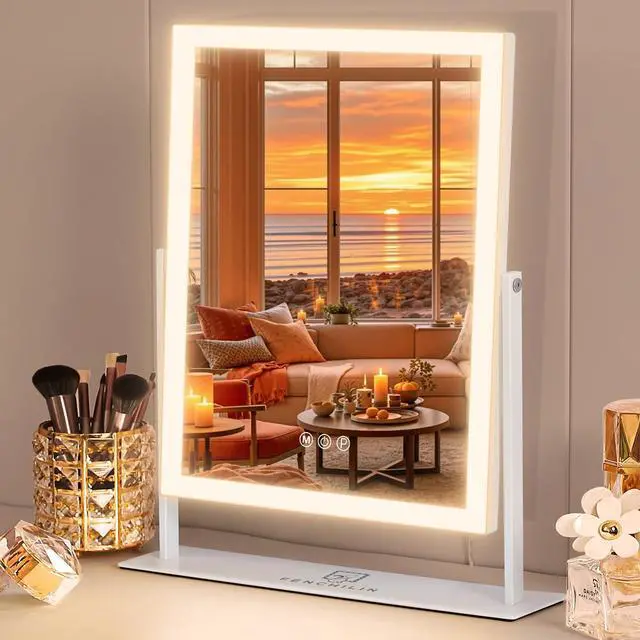 Main image of FENCHILIN Vanity Mirror with Lights 16.14" x 11.81",Lighted Makeup Mirror and Hollywood Mirror with Smart Touch Control 3 Colors Dimmable LED Light, 360°Rotation 10X Magnification(White)