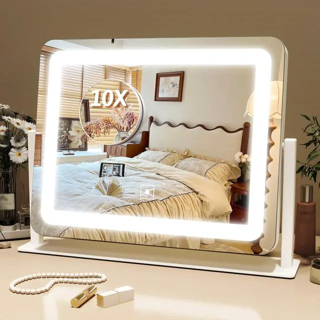 Main image of FENNIO Vanity Mirror with Lights, 12" x 16" Lighted Makeup Mirror with Smart Touch Control, 3 Color Modes & Brightness Adjustable, LED Makeup Mirror with 10X Magnification, 360° Rotation for Bedroom
