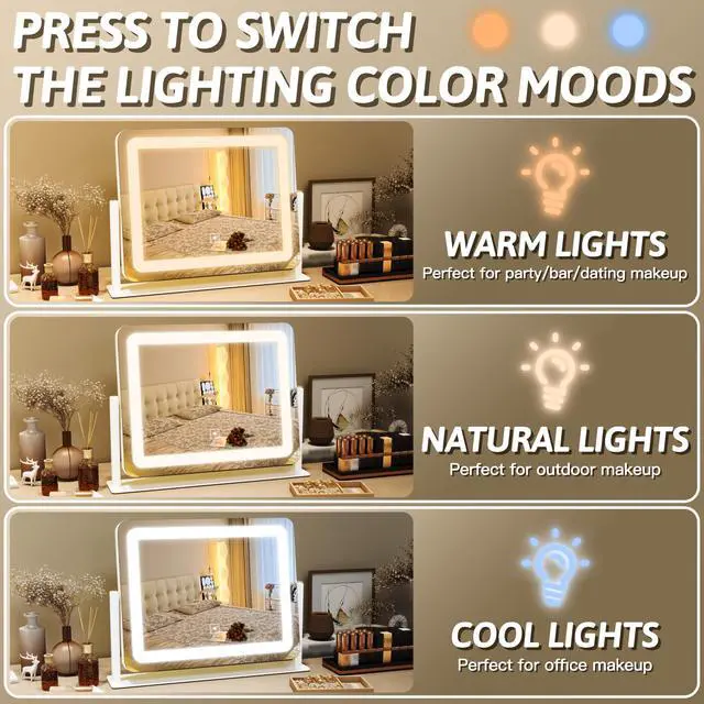 Alt view image 2 of 7 - FENNIO Vanity Mirror with Lights, 12" x 16" Lighted Makeup Mirror with Smart Touch Control, 3 Color Modes & Brightness Adjustable, LED Makeup Mirror with 10X Magnification, 360° Rotation for Bedroom