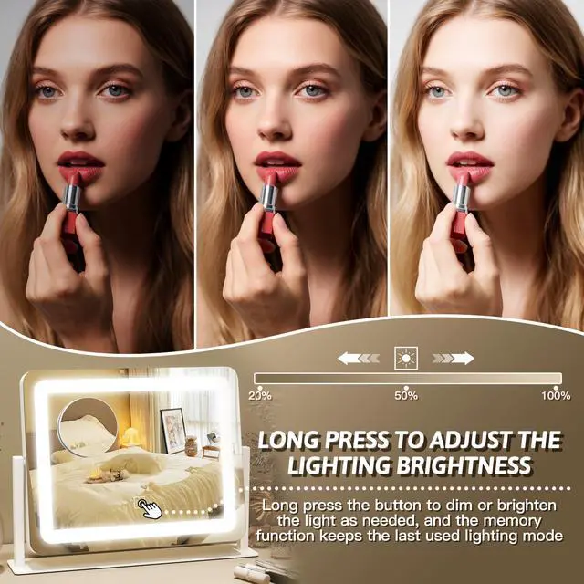 Alt view image 3 of 7 - FENNIO Vanity Mirror with Lights, 12" x 16" Lighted Makeup Mirror with Smart Touch Control, 3 Color Modes & Brightness Adjustable, LED Makeup Mirror with 10X Magnification, 360° Rotation for Bedroom