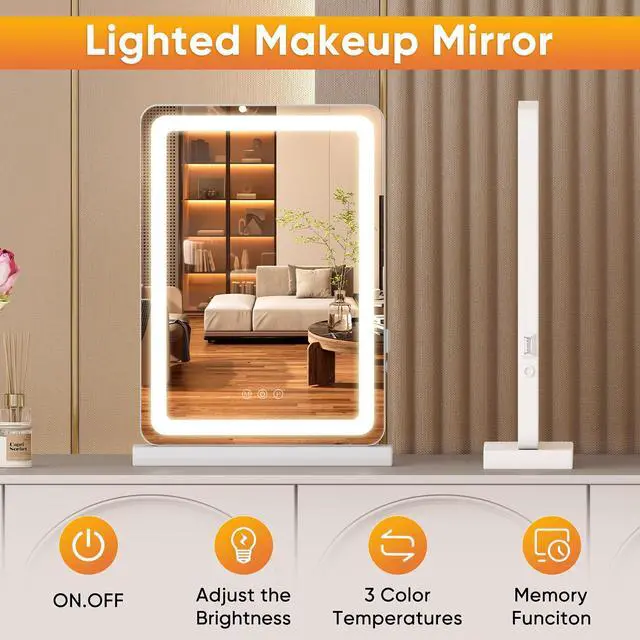 Alt view image 2 of 7 - DUMOS 17"x13" LED Vanity Mirror with Lights, Dimmable 3 Color Modes Makeup Mirror with Memory Function, USB Charging, Aluminum Frame, Lighted Mirror for Desk or Bedroom