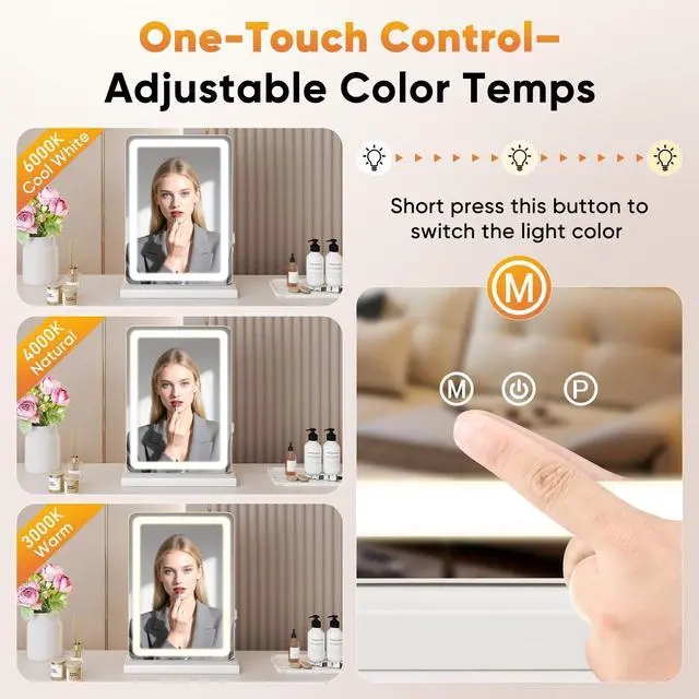 Alt view image 4 of 7 - DUMOS 17"x13" LED Vanity Mirror with Lights, Dimmable 3 Color Modes Makeup Mirror with Memory Function, USB Charging, Aluminum Frame, Lighted Mirror for Desk or Bedroom