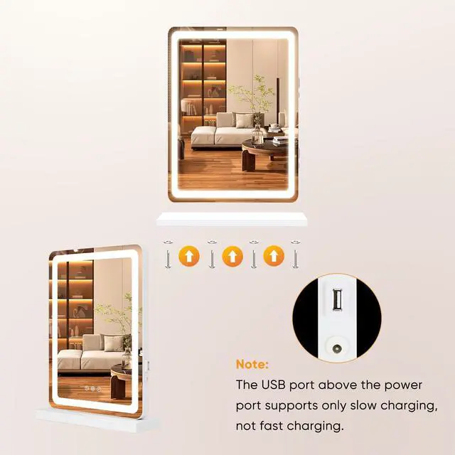 Alt view image 7 of 7 - DUMOS 17"x13" LED Vanity Mirror with Lights, Dimmable 3 Color Modes Makeup Mirror with Memory Function, USB Charging, Aluminum Frame, Lighted Mirror for Desk or Bedroom