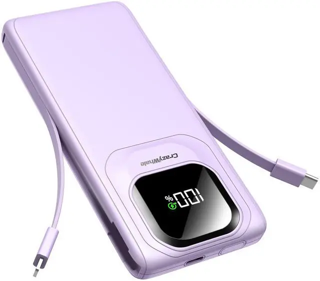 Main image of Portable Charger Power Bank with Built-in Type C Cables, 22.5W Fast Charging 10000mAh Phone Charger, Travel Battery Pack Slim Battery Bank with LED Display for iPhone, Android & USB-C (Purple)