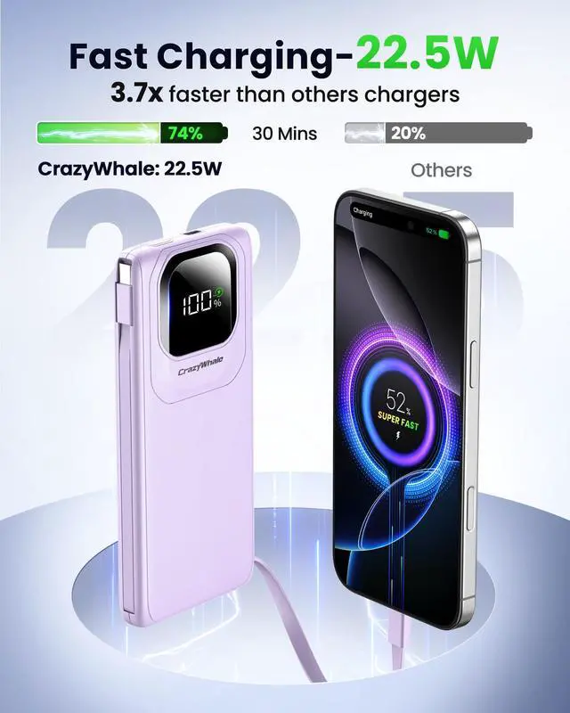 Alt view image 2 of 7 - Portable Charger Power Bank with Built-in Type C Cables, 22.5W Fast Charging 10000mAh Phone Charger, Travel Battery Pack Slim Battery Bank with LED Display for iPhone, Android & USB-C (Purple)