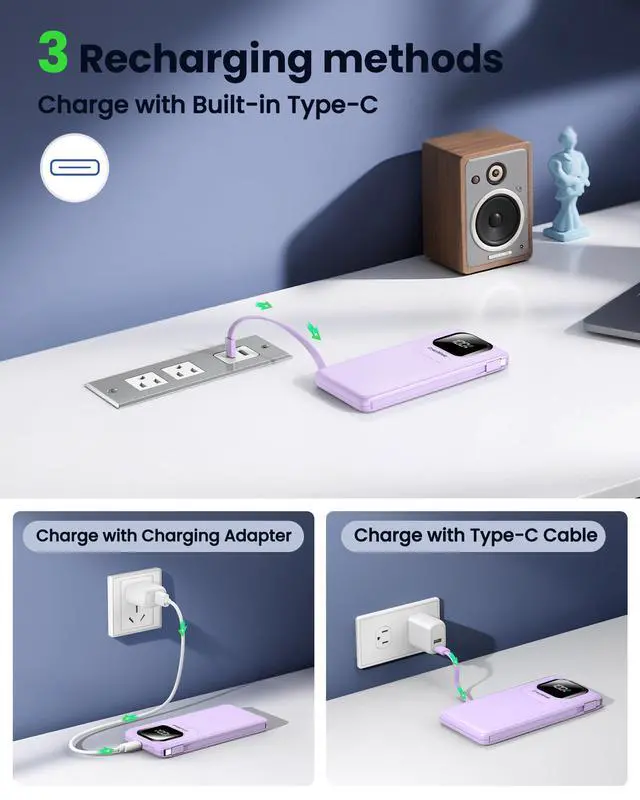 Alt view image 5 of 7 - Portable Charger Power Bank with Built-in Type C Cables, 22.5W Fast Charging 10000mAh Phone Charger, Travel Battery Pack Slim Battery Bank with LED Display for iPhone, Android & USB-C (Purple)