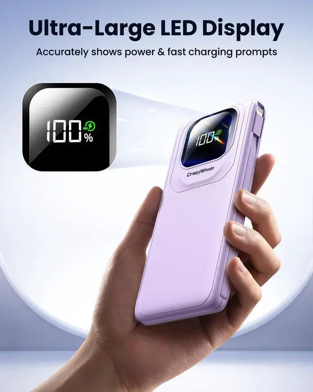 Alt view image 4 of 7 - Portable Charger Power Bank with Built-in Type C Cables, 22.5W Fast Charging 10000mAh Phone Charger, Travel Battery Pack Slim Battery Bank with LED Display for iPhone, Android & USB-C (Purple)