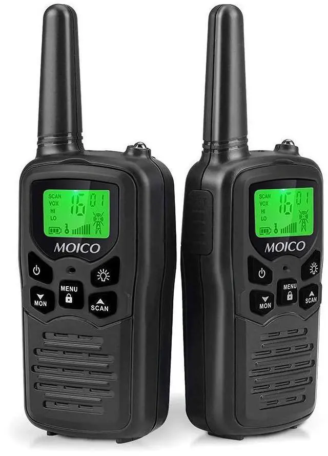 Main image of MOICO Long Range Walkie Talkies for Adults with 22 FRS Channels, Family Walkie Talkie with LED Flashlight VOX LCD Display for Hiking Camping Trip (Black 2 Pack)