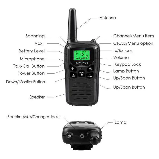 Alt view image 4 of 6 - MOICO Long Range Walkie Talkies for Adults with 22 FRS Channels, Family Walkie Talkie with LED Flashlight VOX LCD Display for Hiking Camping Trip (Black 2 Pack)