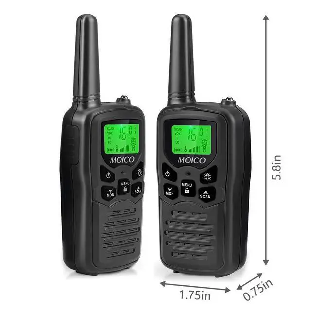Alt view image 5 of 6 - MOICO Long Range Walkie Talkies for Adults with 22 FRS Channels, Family Walkie Talkie with LED Flashlight VOX LCD Display for Hiking Camping Trip (Black 2 Pack)
