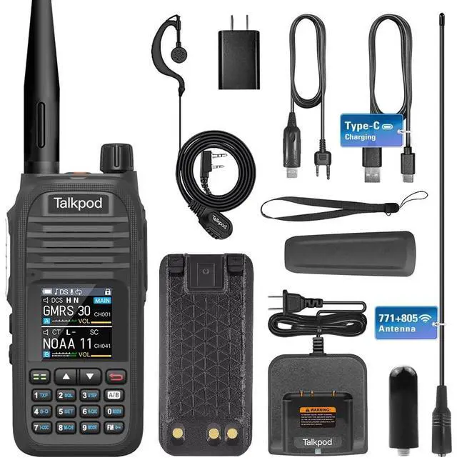 Main image of Talkpod A36SE GMRS Handheld Radio Long Range, Multi Band Walkie Talkie with 771 Aviation Antenna 805 Antenna, Type-C Rechargeable Battery, AM/FM Reception, NOAA, Two Way Radio with Earpiece (Black)