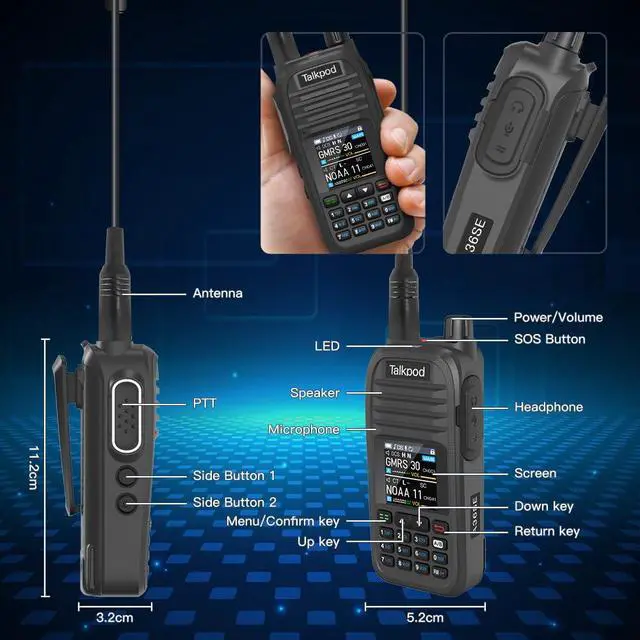Alt view image 3 of 7 - Talkpod A36SE GMRS Handheld Radio Long Range, Multi Band Walkie Talkie with 771 Aviation Antenna 805 Antenna, Type-C Rechargeable Battery, AM/FM Reception, NOAA, Two Way Radio with Earpiece (Black)
