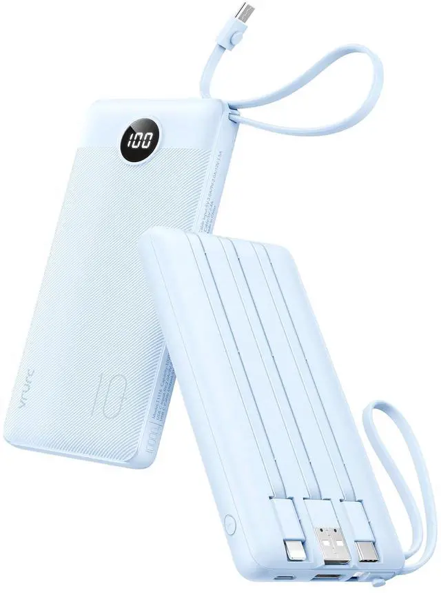 Main image of VRURC 10000mAh Power Bank Built-in Cables, Portable Charger with LED Display, Slim Travel Battery Pack with Cords, 5 Output Dual Input Phone Charger for Cell Phone Smart Devcies-Blue(1 Pack)