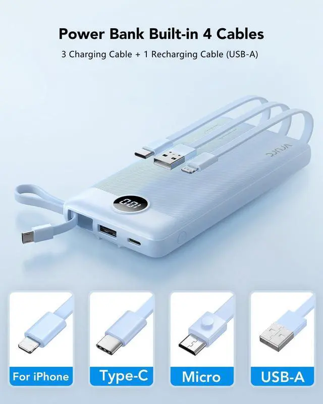 Alt view image 2 of 7 - VRURC 10000mAh Power Bank Built-in Cables, Portable Charger with LED Display, Slim Travel Battery Pack with Cords, 5 Output Dual Input Phone Charger for Cell Phone Smart Devcies-Blue(1 Pack)