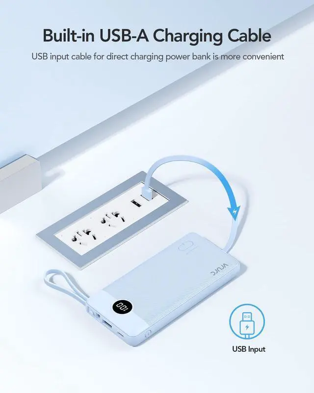 Alt view image 3 of 7 - VRURC 10000mAh Power Bank Built-in Cables, Portable Charger with LED Display, Slim Travel Battery Pack with Cords, 5 Output Dual Input Phone Charger for Cell Phone Smart Devcies-Blue(1 Pack)