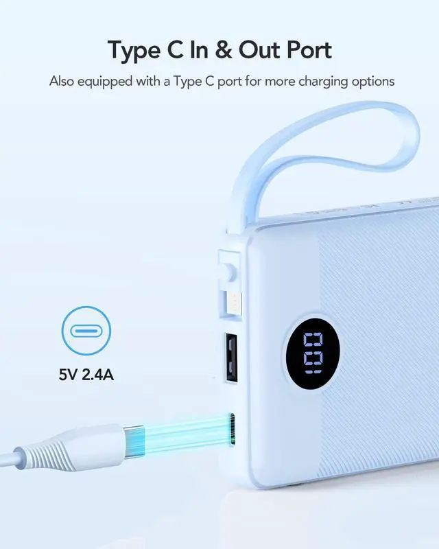 Alt view image 4 of 7 - VRURC 10000mAh Power Bank Built-in Cables, Portable Charger with LED Display, Slim Travel Battery Pack with Cords, 5 Output Dual Input Phone Charger for Cell Phone Smart Devcies-Blue(1 Pack)