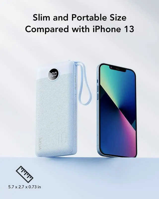 Alt view image 6 of 7 - VRURC 10000mAh Power Bank Built-in Cables, Portable Charger with LED Display, Slim Travel Battery Pack with Cords, 5 Output Dual Input Phone Charger for Cell Phone Smart Devcies-Blue(1 Pack)