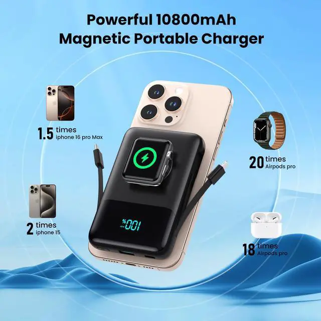 Alt view image 6 of 6 - Magnetic Portable Charger for iPhone with Built-in Cable,10800mAh Wireless Power Bank for Magsafe Travel Essential,6-in-1 25W PD Fast Charging USB C Battery Pack for iPhone 17/16/15/14/13, Apple Watch