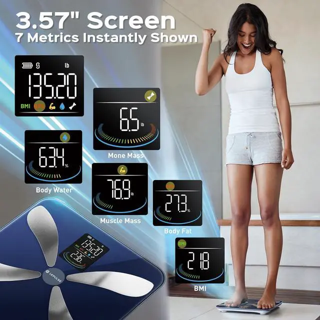 Alt view image 2 of 7 - Lepulse Smart Weight Scale with BMI Body Fat Muscle Mass, Updated X-Shaped Electrode Scale for Body Weight and Fat Percentage, 13 Body Composition Scale Large Display, Digital Bathroom Scale with App