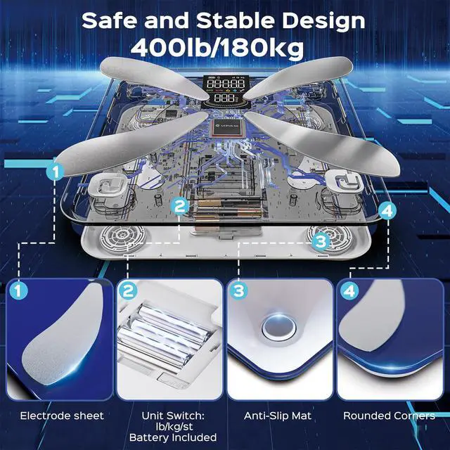 Alt view image 5 of 7 - Lepulse Smart Weight Scale with BMI Body Fat Muscle Mass, Updated X-Shaped Electrode Scale for Body Weight and Fat Percentage, 13 Body Composition Scale Large Display, Digital Bathroom Scale with App