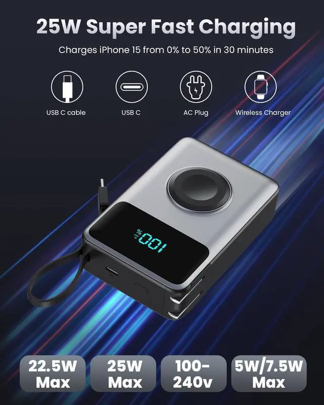 Alt view image 2 of 7 - 4-in-1 Portable Charger With Built-in Wall Plug&USB-C Cables,10800mAh Power Bank with iWatch Charger,QC4.0+PD 25W Fast Charging Battery Pack,Travel Essentials for iPhone 17/16,Apple Watch,Android etc