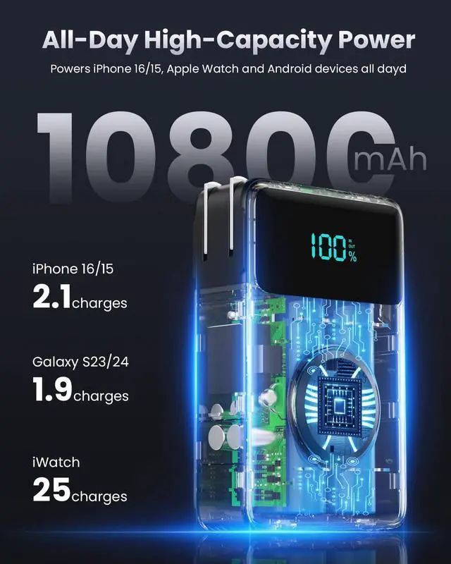 Alt view image 3 of 7 - 4-in-1 Portable Charger With Built-in Wall Plug&USB-C Cables,10800mAh Power Bank with iWatch Charger,QC4.0+PD 25W Fast Charging Battery Pack,Travel Essentials for iPhone 17/16,Apple Watch,Android etc