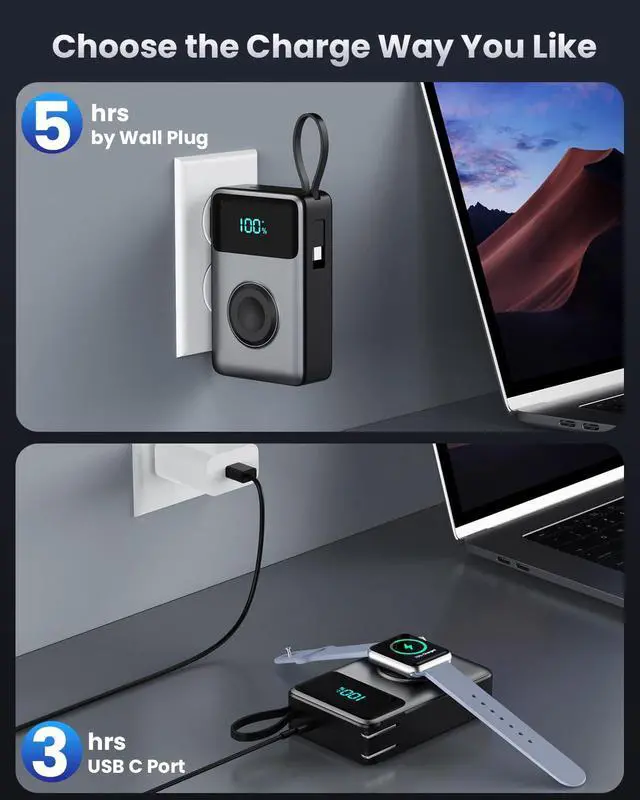 Alt view image 4 of 7 - 4-in-1 Portable Charger With Built-in Wall Plug&USB-C Cables,10800mAh Power Bank with iWatch Charger,QC4.0+PD 25W Fast Charging Battery Pack,Travel Essentials for iPhone 17/16,Apple Watch,Android etc
