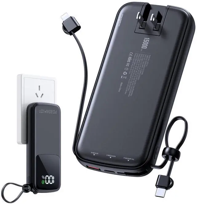 Main image of LOVELEDI Portable-Charger-Power-Bank - 15000mAh Power Bank Supports PD 30W Fast Charging Built-in AC Wall Plug and 2 Output Cables with LED Display for iPhone iPad and Most Electronic Devices(Black)