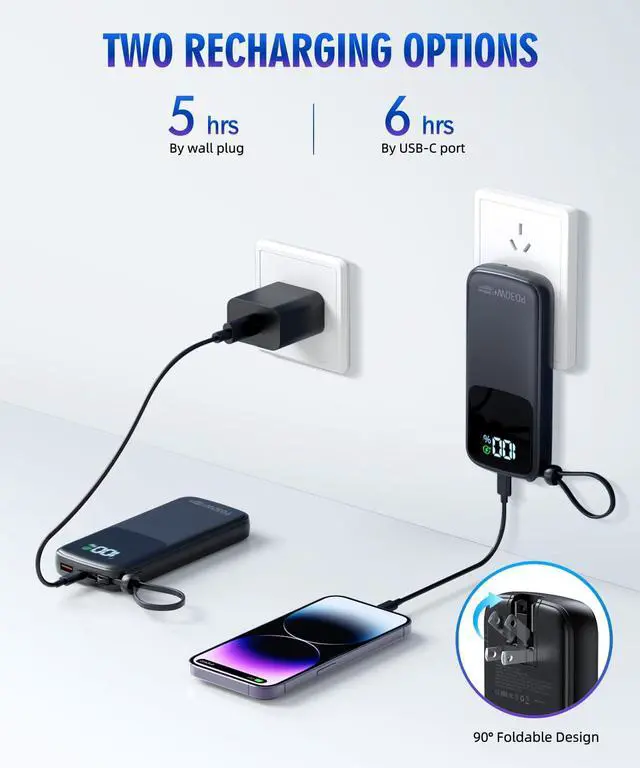 Alt view image 2 of 7 - LOVELEDI Portable-Charger-Power-Bank - 15000mAh Power Bank Supports PD 30W Fast Charging Built-in AC Wall Plug and 2 Output Cables with LED Display for iPhone iPad and Most Electronic Devices(Black)