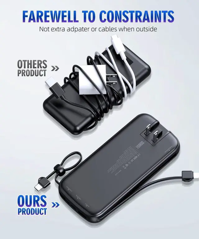 Alt view image 5 of 7 - LOVELEDI Portable-Charger-Power-Bank - 15000mAh Power Bank Supports PD 30W Fast Charging Built-in AC Wall Plug and 2 Output Cables with LED Display for iPhone iPad and Most Electronic Devices(Black)