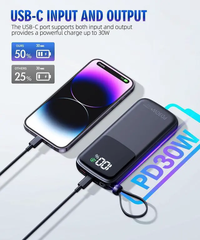 Alt view image 3 of 7 - LOVELEDI Portable-Charger-Power-Bank - 15000mAh Power Bank Supports PD 30W Fast Charging Built-in AC Wall Plug and 2 Output Cables with LED Display for iPhone iPad and Most Electronic Devices(Black)